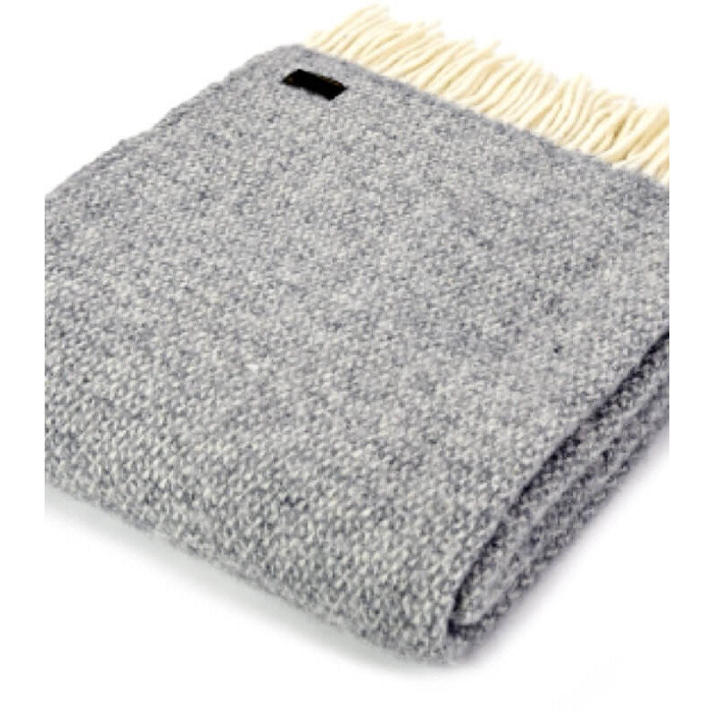 Plaid en pure laine vierge – Gris et écru, motif géométrique