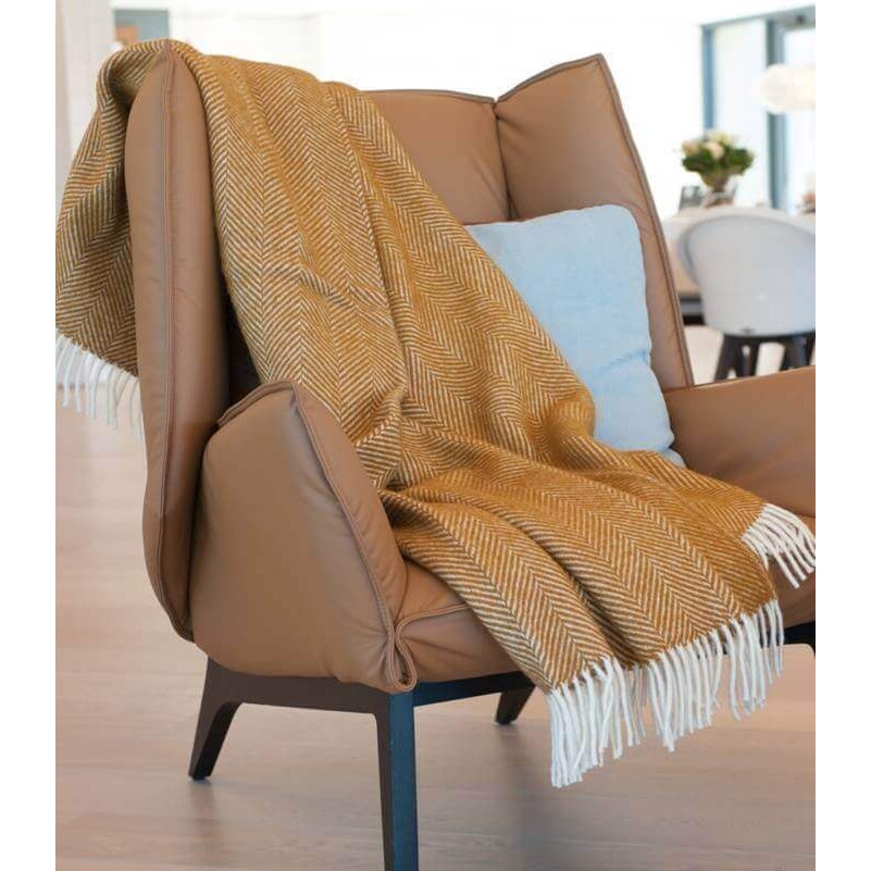 Plaid laine anglaise – jaune moutarde, avec franges classiques