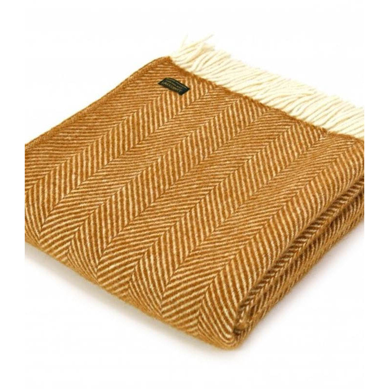 Plaid laine anglaise – jaune moutarde, avec franges classiques
