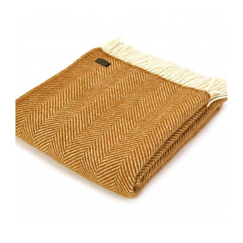 Plaid laine anglaise – jaune moutarde, avec franges classiques