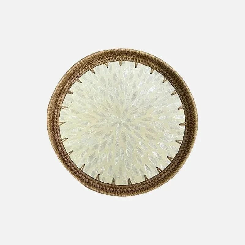Plateau feuille lotus – rattan tressé à la main, incrustation nacre