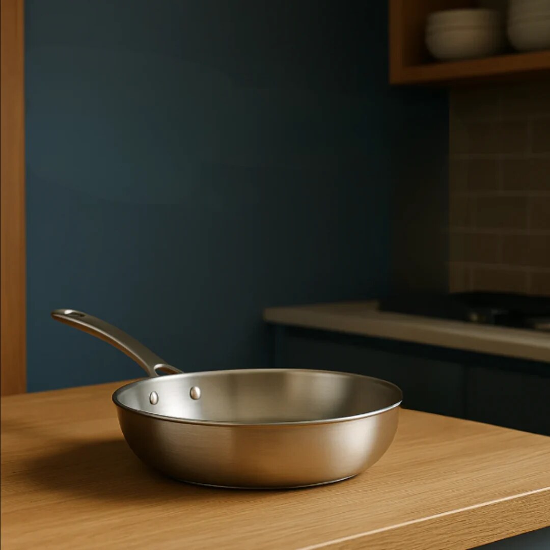 Poêle sauteuse inoxydable – intérieur martelé, poignée rivetée