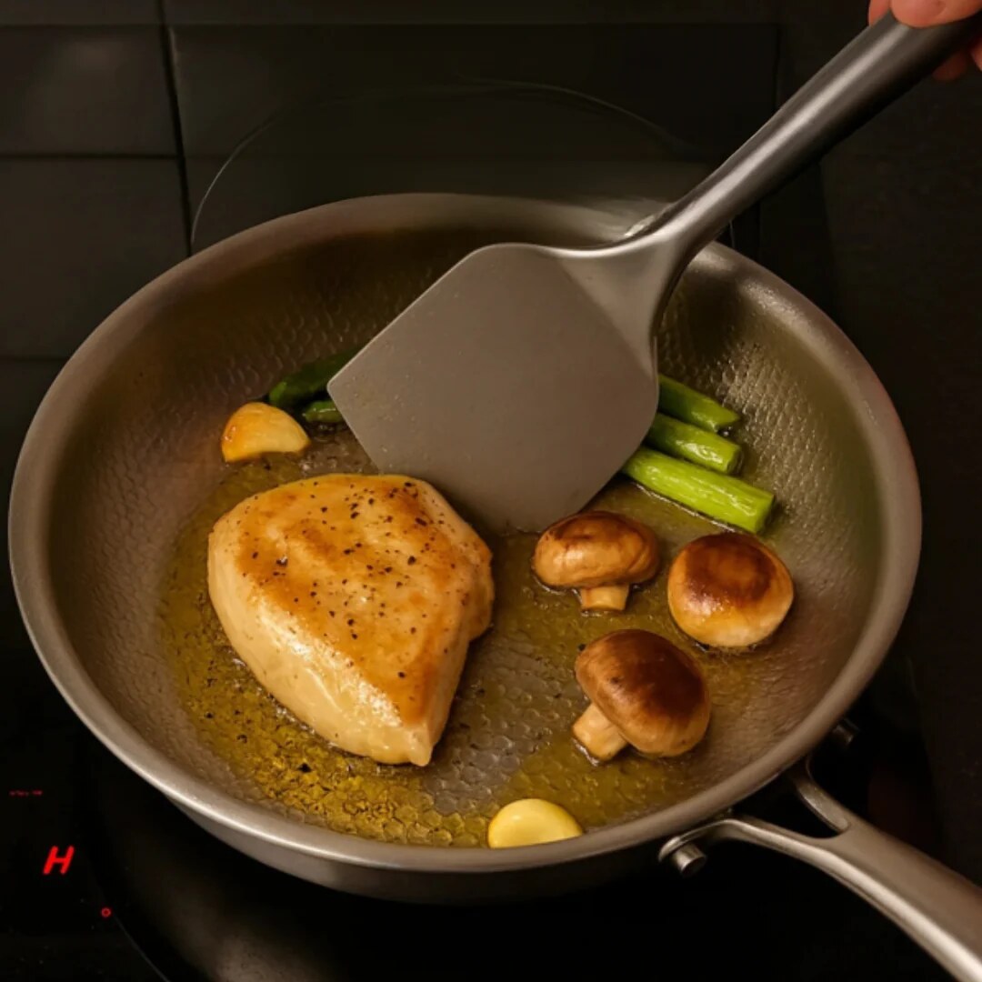 Poêle sauteuse inoxydable – intérieur martelé, poignée rivetée