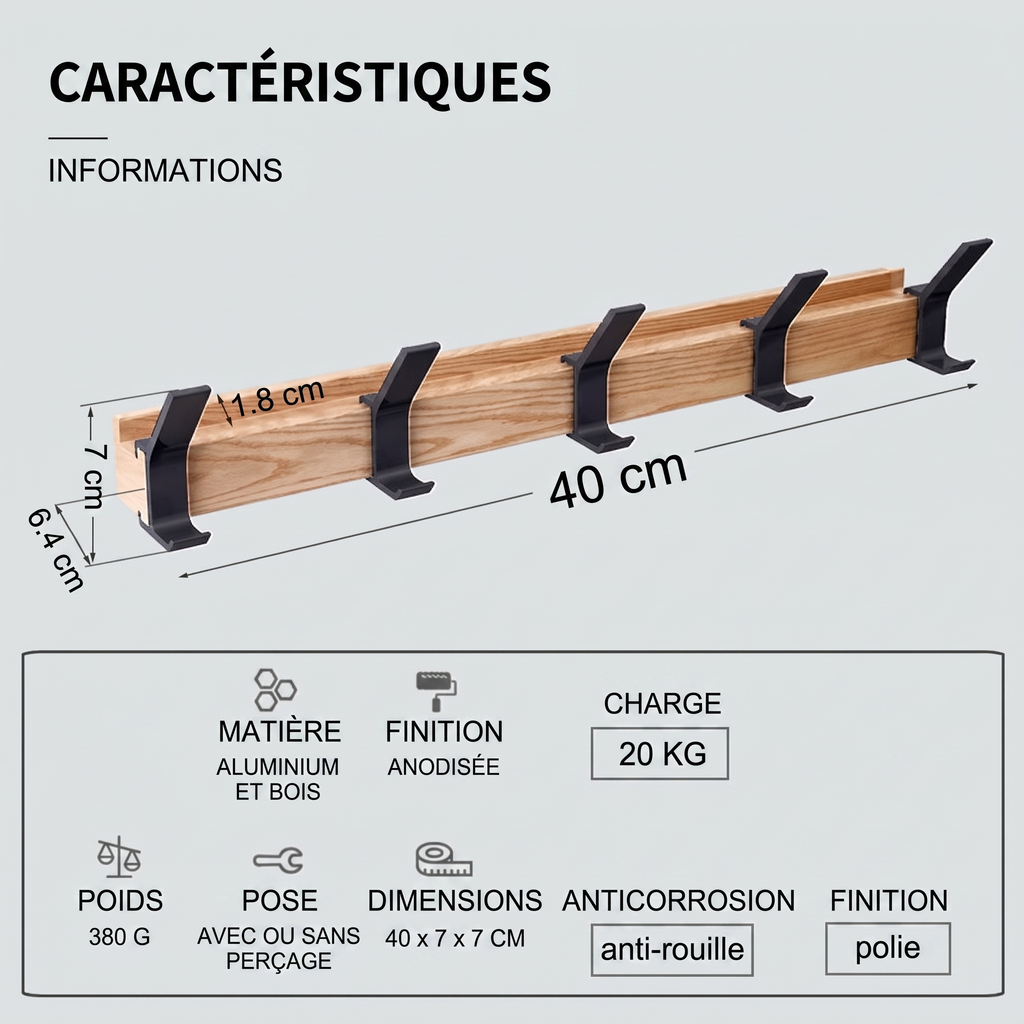 Porte-manteau mural en bois – cinq patères doubles pivotantes
