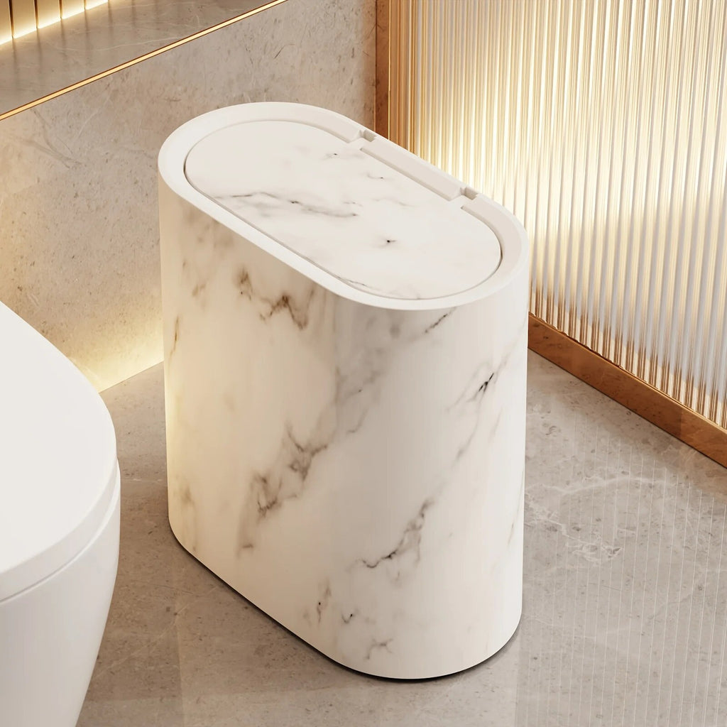 Poubelle finition marbre – design ovale avec couvercle pour salle de bain