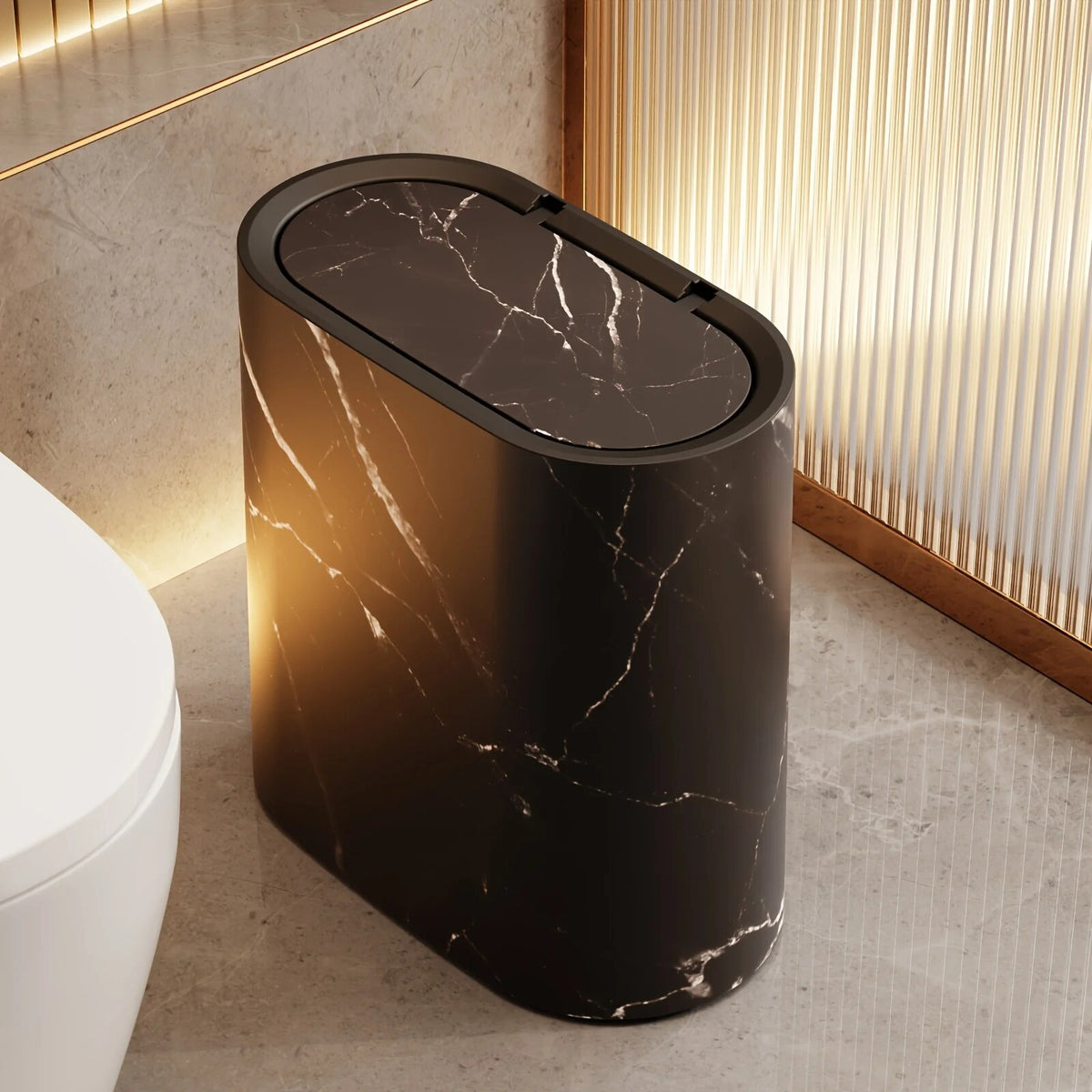 Poubelle finition marbre – design ovale avec couvercle pour salle de bain