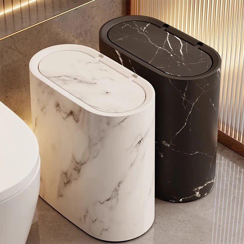 Poubelle finition marbre – design ovale avec couvercle pour salle de bain