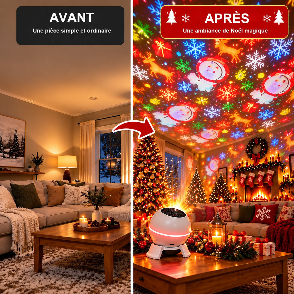 Salon avant et après avec le projecteur de Noël