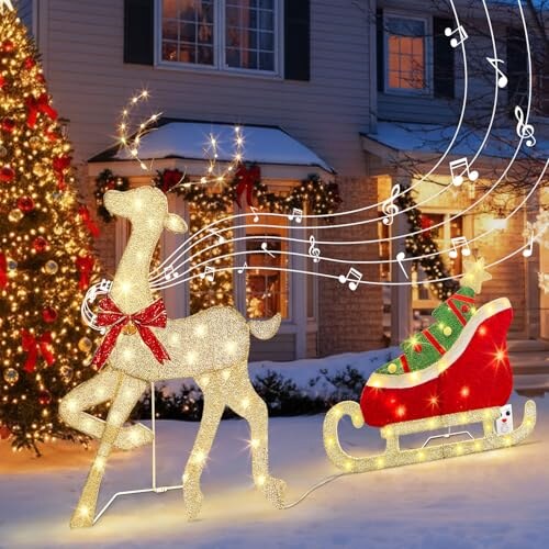 Renne lumineux de Noël – décoration musicale avec traîneau