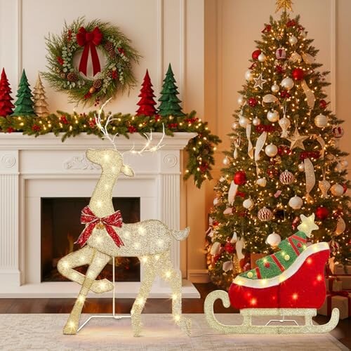 Renne lumineux de Noël – décoration musicale avec traîneau