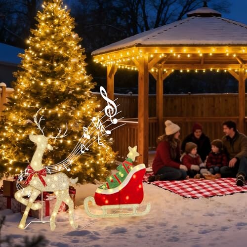 Renne lumineux de Noël – décoration musicale avec traîneau