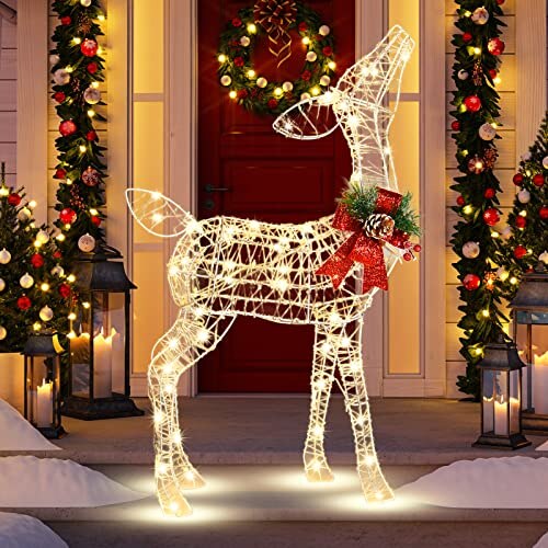 Renne lumineux – décoration extérieur pailletée, nœud rouge