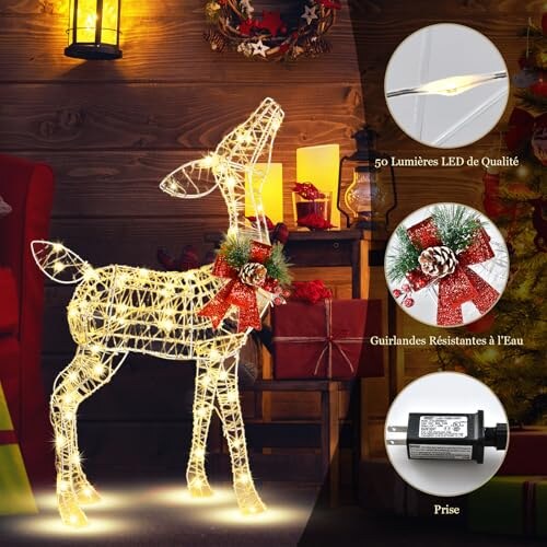 Renne lumineux – décoration extérieur pailletée, nœud rouge