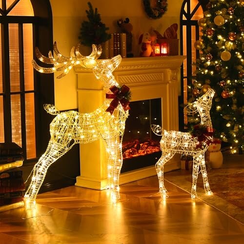 Renne lumineux – décoration extérieur pailletée, nœud rouge