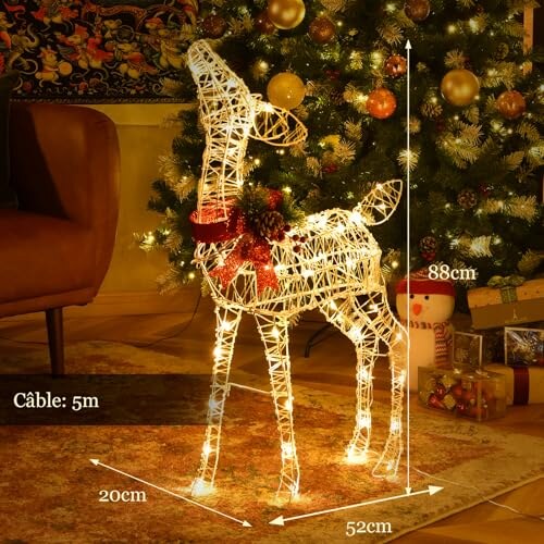 Renne lumineux – décoration extérieur pailletée, nœud rouge