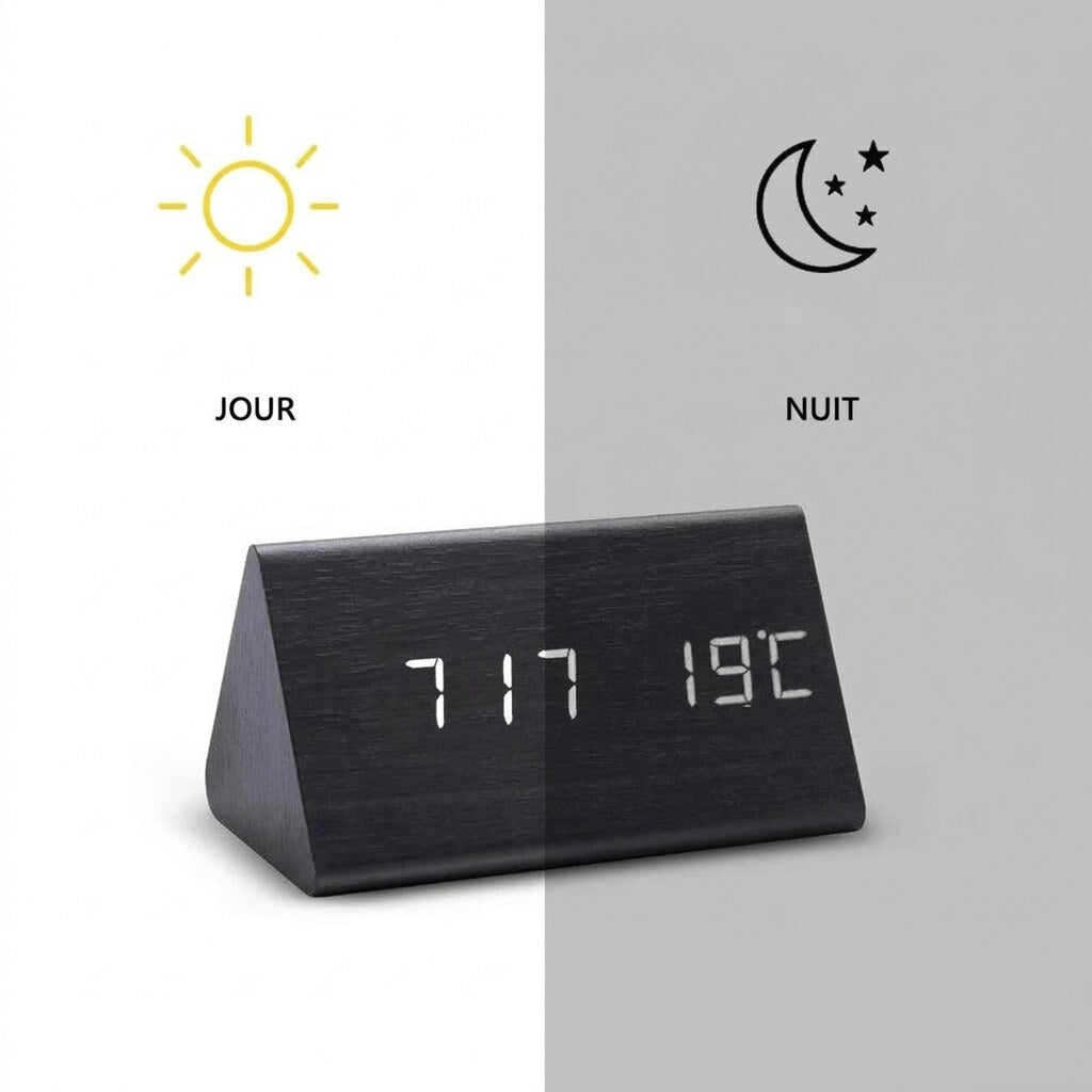 Réveil LED numérique – contrôle vocal affichage température design bois