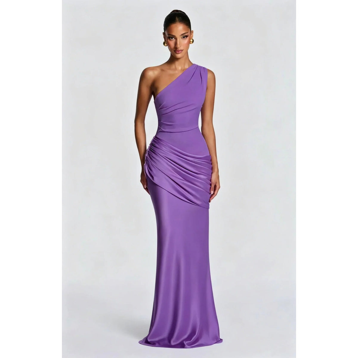 Robe longue de soirée asymétrique – épaule unique et drapée
