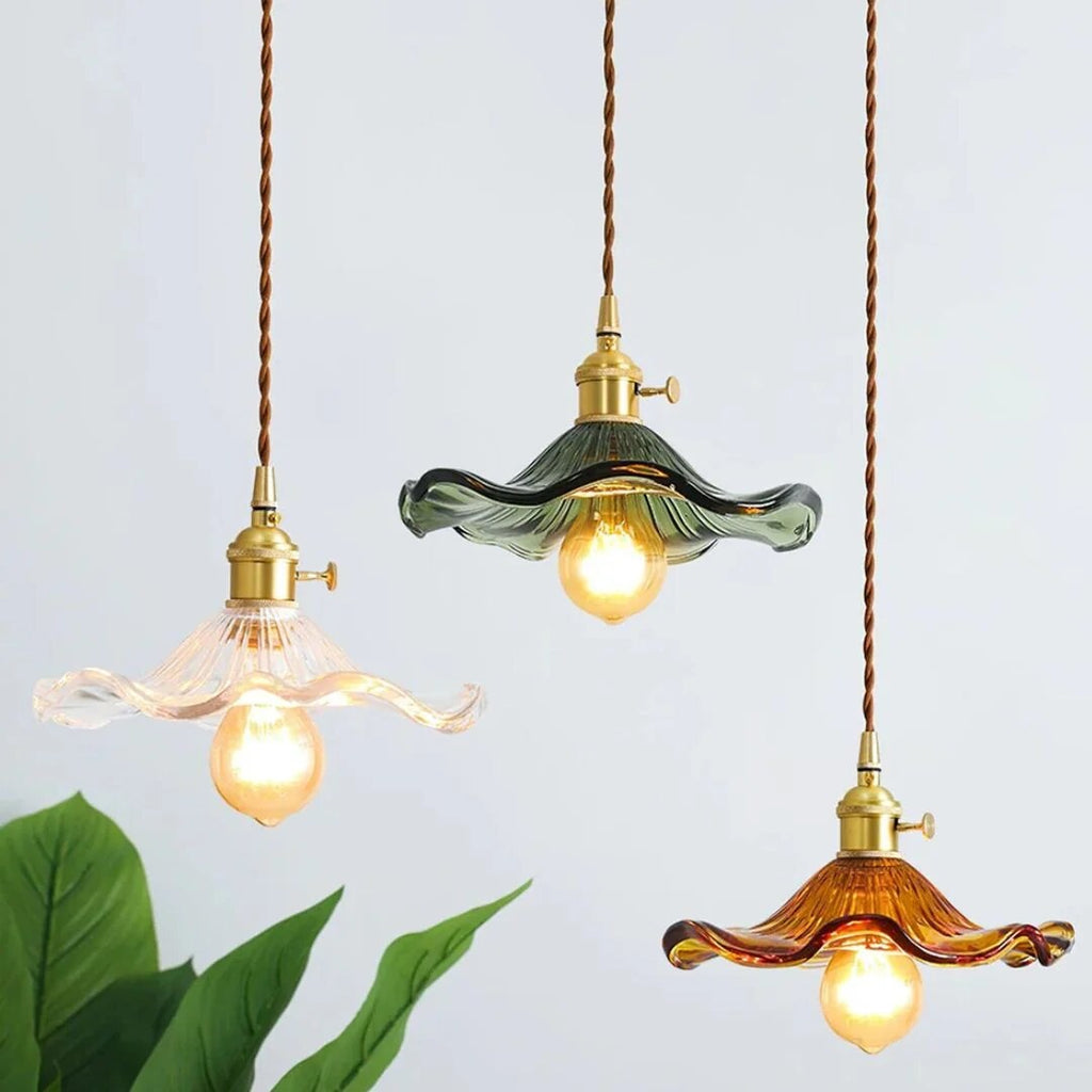 Suspension fleur – Luminaire verre vert laiton rétro