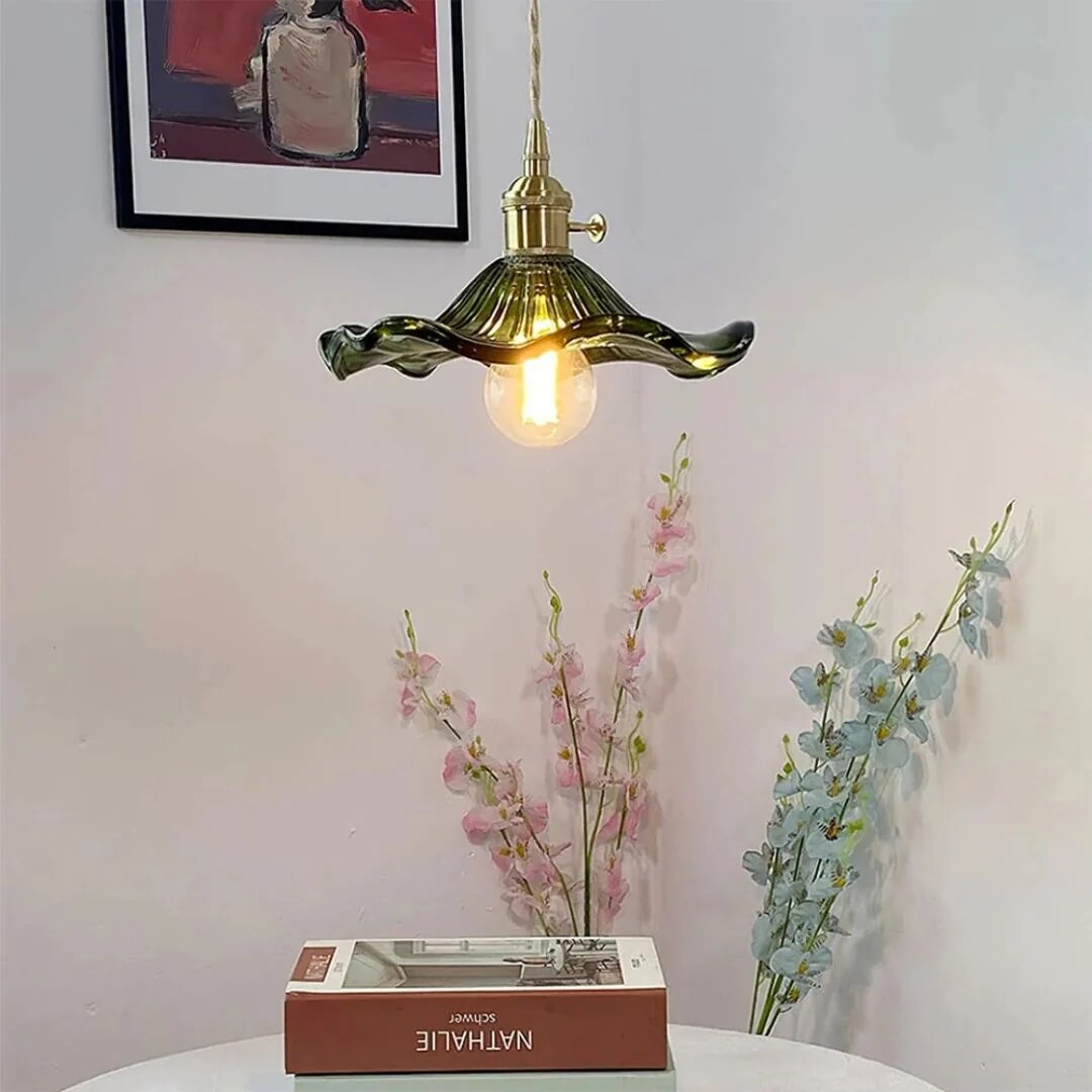Suspension fleur – Luminaire verre vert laiton rétro