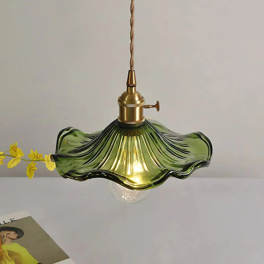 Suspension fleur – Luminaire verre vert laiton rétro