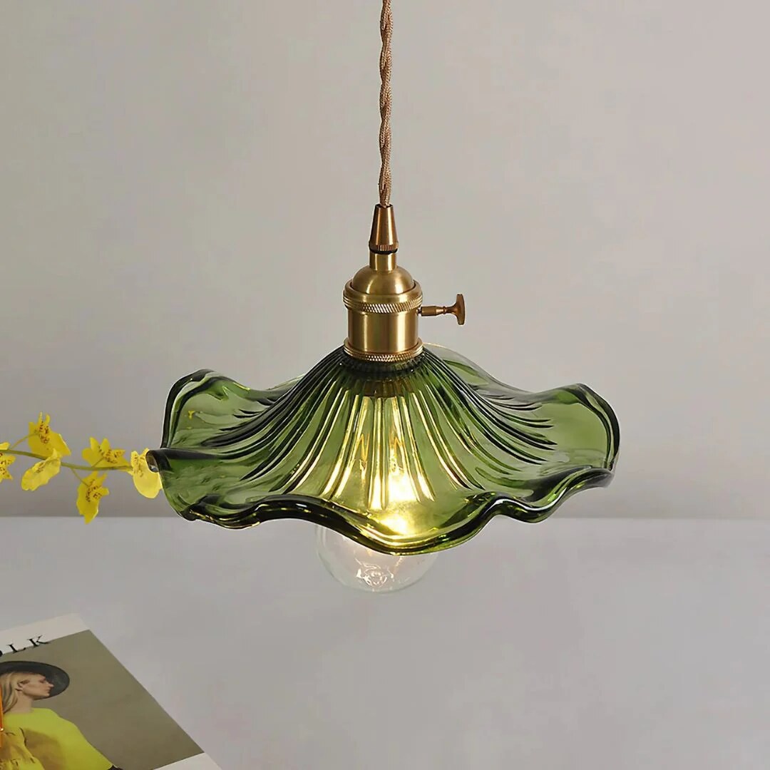 Suspension fleur – Luminaire verre vert laiton rétro