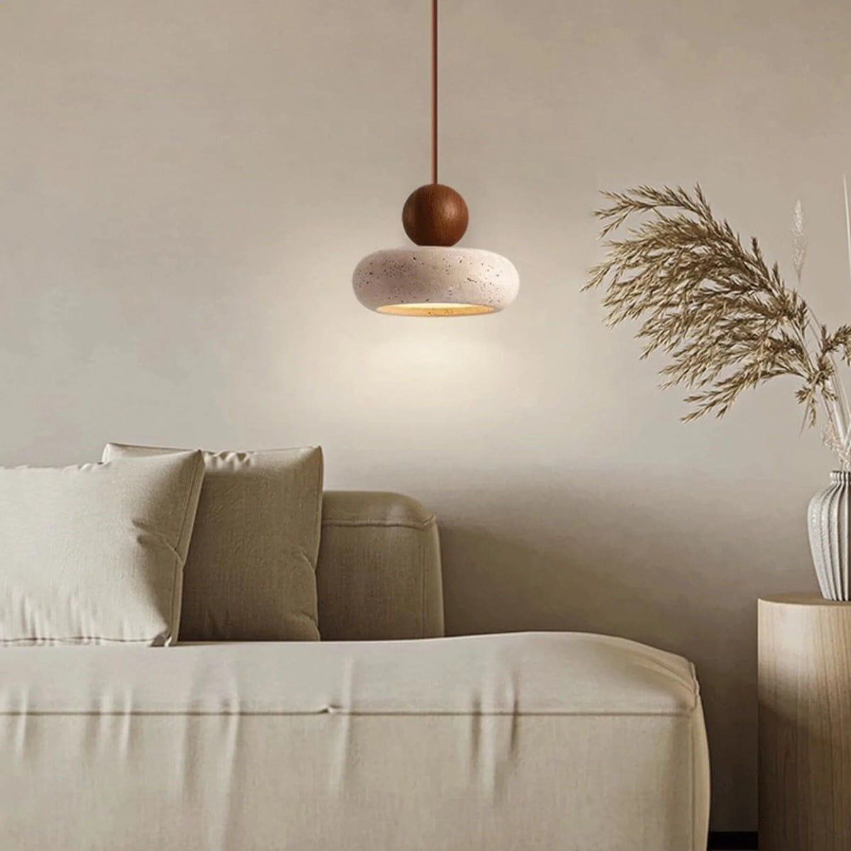Suspension luminaire – bois et béton, lumière chaleureuse
