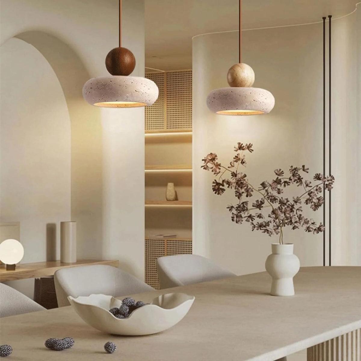 Suspension luminaire – bois et béton, lumière chaleureuse