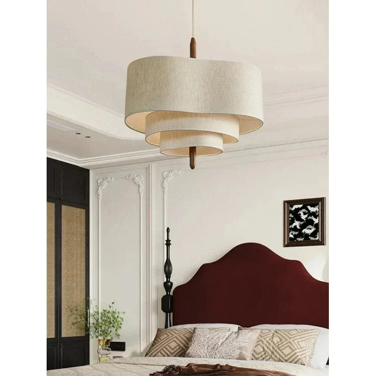 Suspension luminaire – Lampe en tissu ondulé avec tige bois