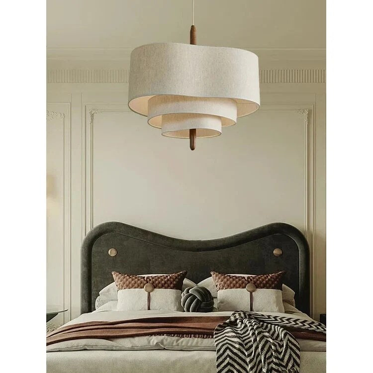 Suspension luminaire – Lampe en tissu ondulé avec tige bois