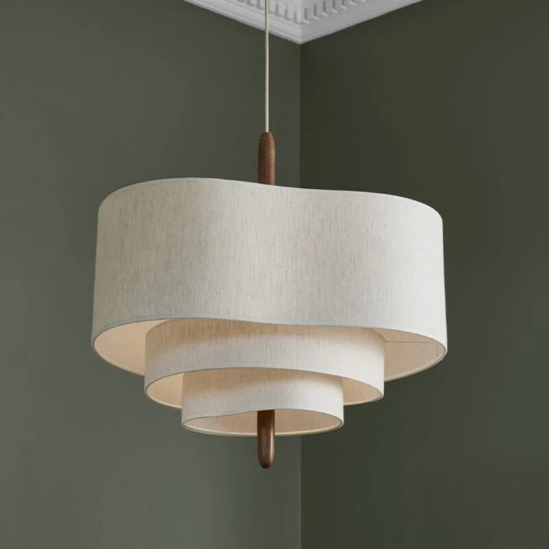 Suspension luminaire – Lampe en tissu ondulé avec tige bois
