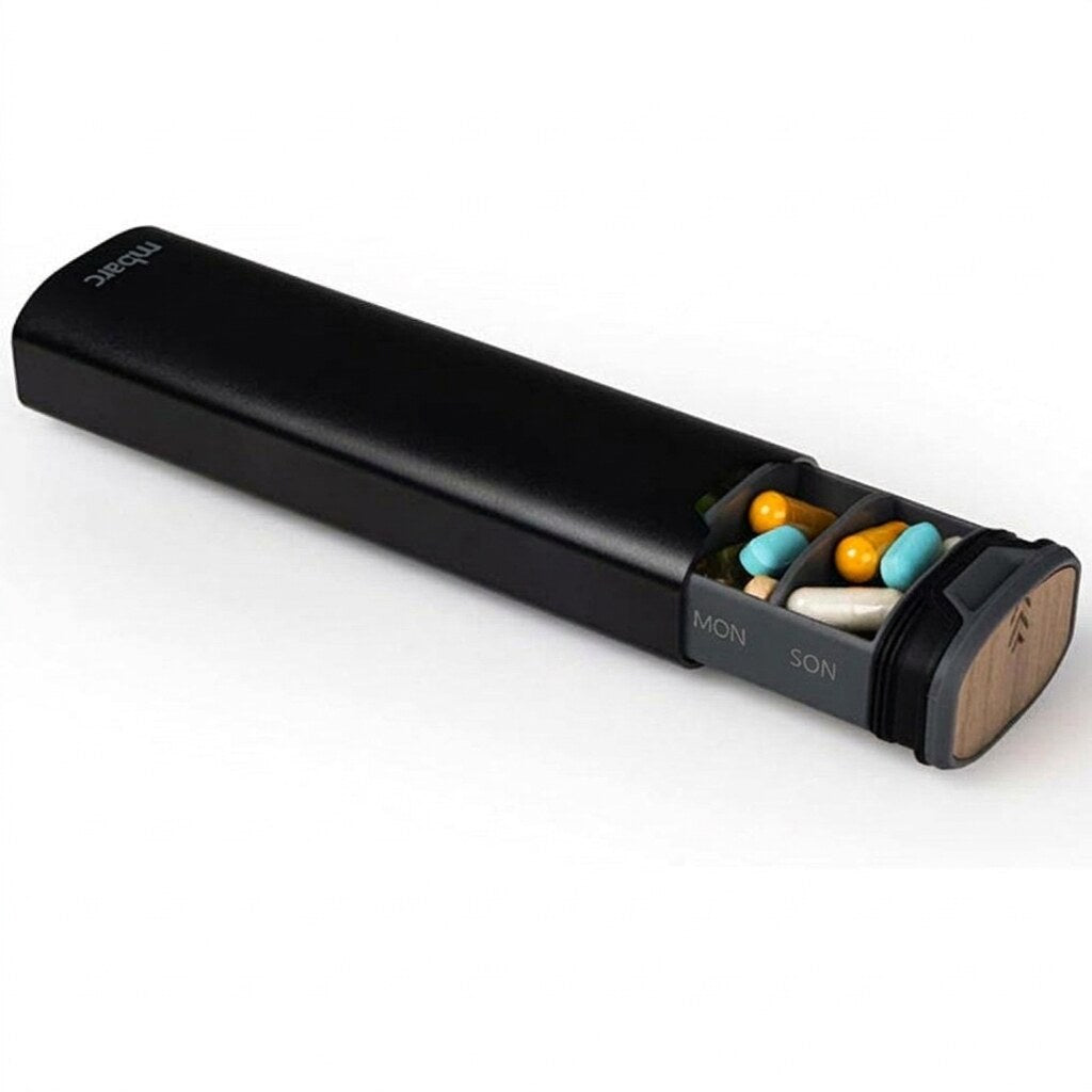 Pilulier 7 jours – aluminium et bois, sept compartiments
