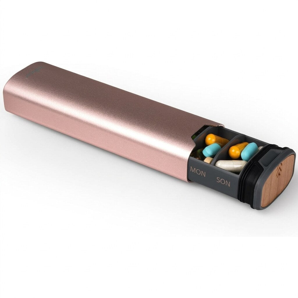 Pilulier 7 jours – aluminium et bois, sept compartiments