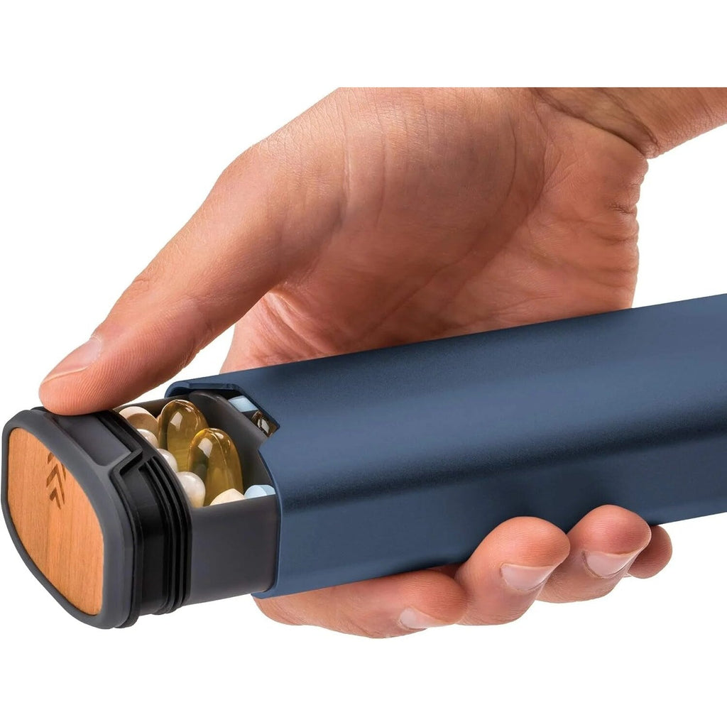 Pilulier 7 jours – aluminium et bois, sept compartiments