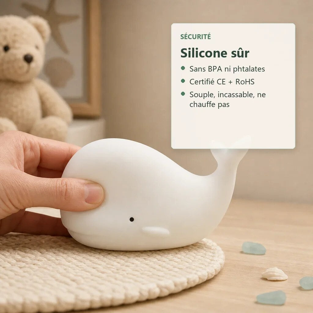 Veilleuse baleine – silicone souple et tactile pour bébé