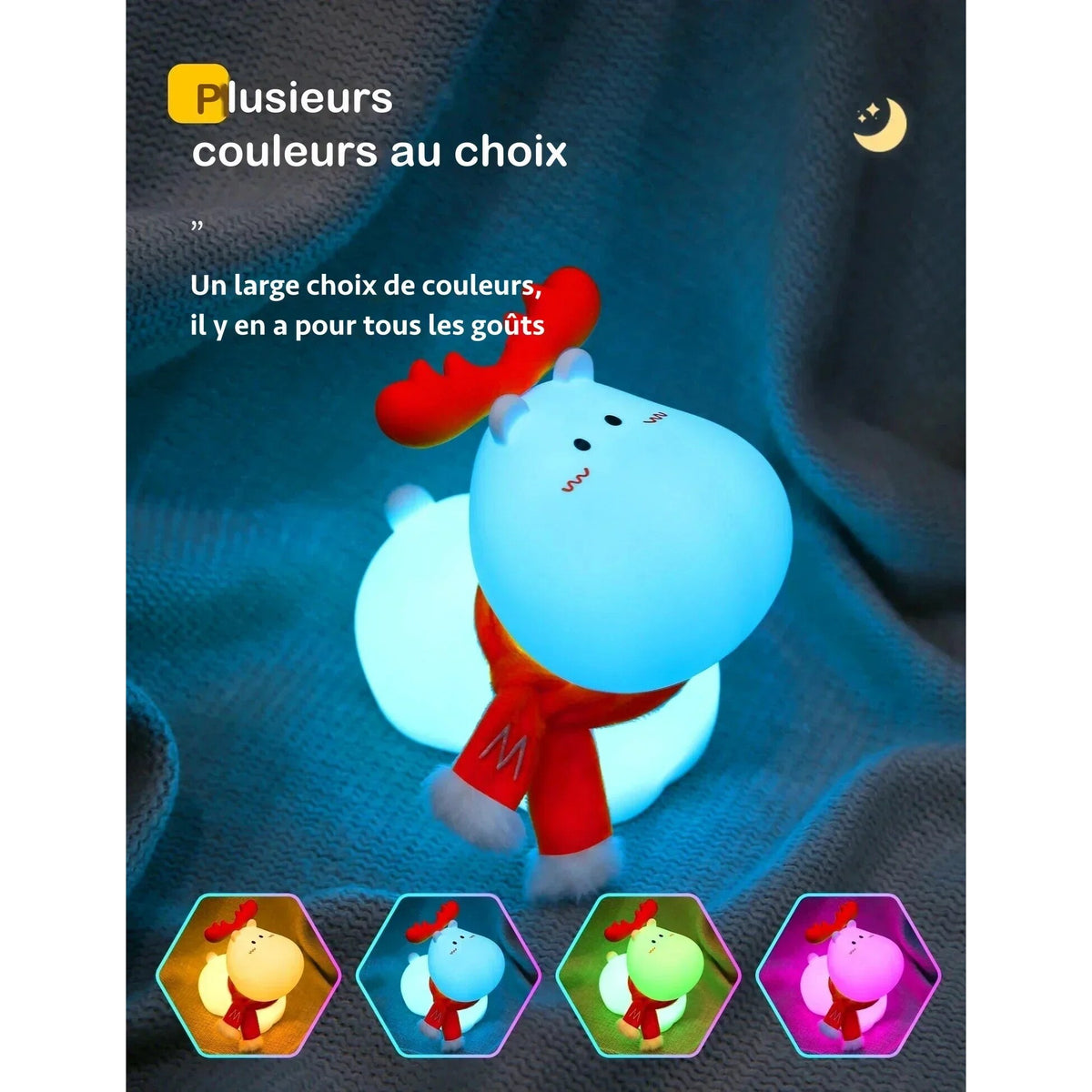 Veilleuse renne pour enfant – silicone, LED rechargeable USB